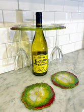 Load image into Gallery viewer, Wine/Champagne Bottle Caddy with 2 Food Safe Geode Resin Coasters, Housewarming Gift, Wine Lover Gift, Wine Glass Caddy