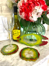 Load image into Gallery viewer, Wine/Champagne Bottle Caddy with 2 Food Safe Geode Resin Coasters, Housewarming Gift, Wine Lover Gift, Wine Glass Caddy