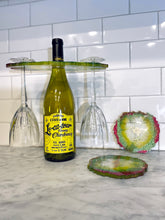 Load image into Gallery viewer, Wine/Champagne Bottle Caddy with 2 Food Safe Geode Resin Coasters, Housewarming Gift, Wine Lover Gift, Wine Glass Caddy
