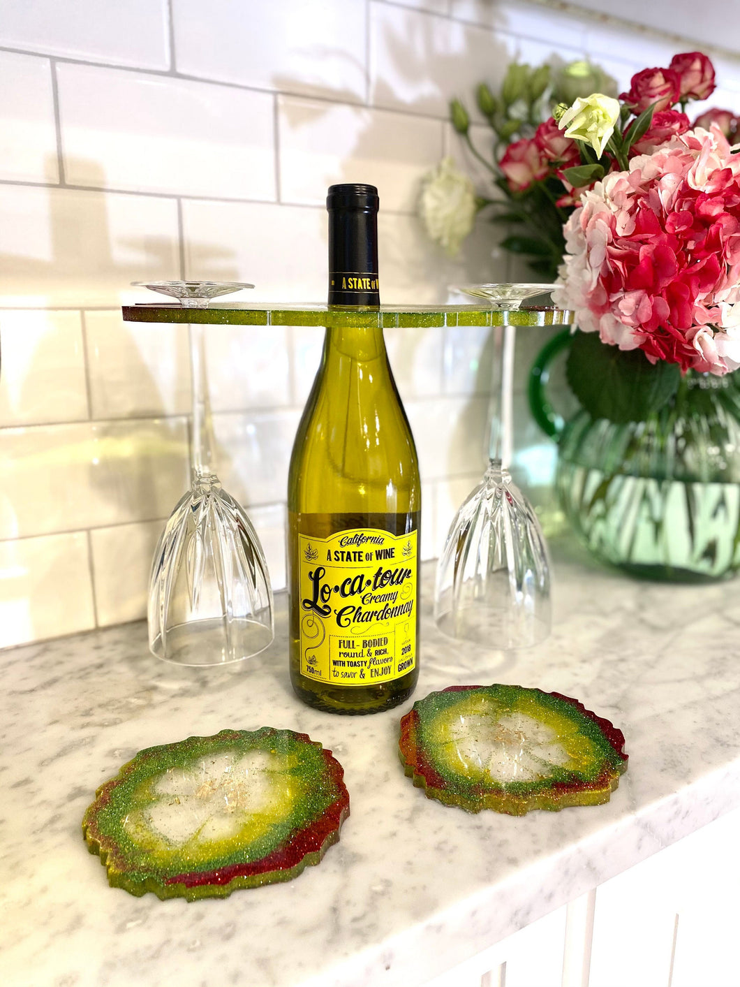 Wine/Champagne Bottle Caddy with 2 Food Safe Geode Resin Coasters, Housewarming Gift, Wine Lover Gift, Wine Glass Caddy